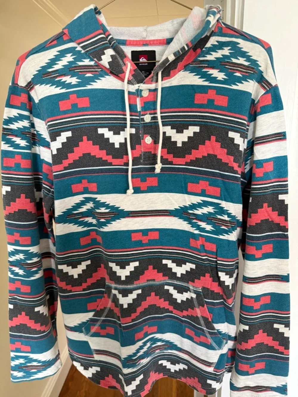 Quiksilver Teal, Coral & White Aztec Hooded Henley Sweatshirt - Picture 1 of 2